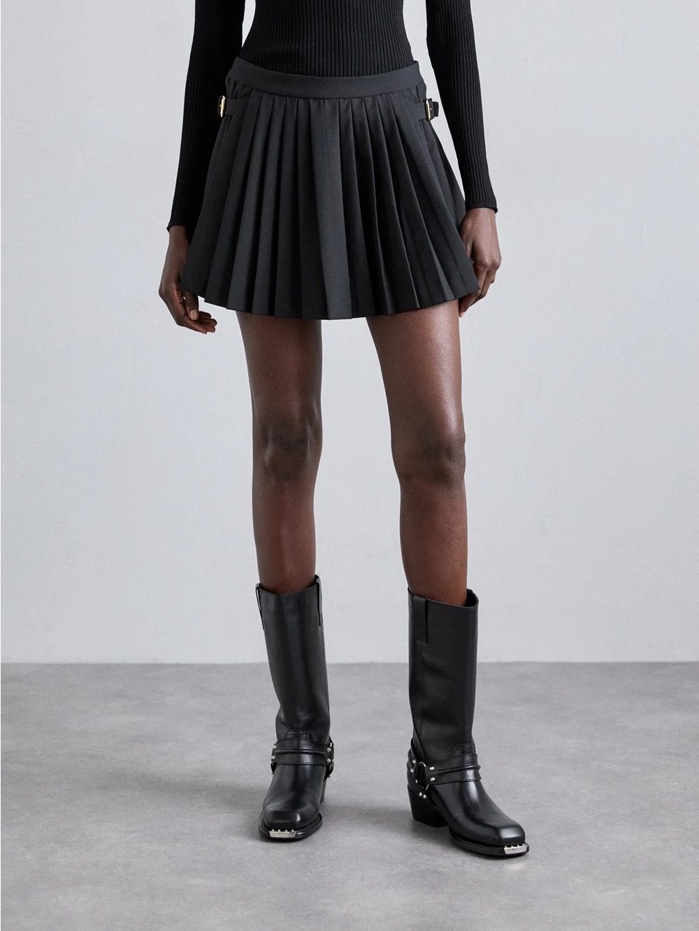 Sandro black pleated mini skirt with belt